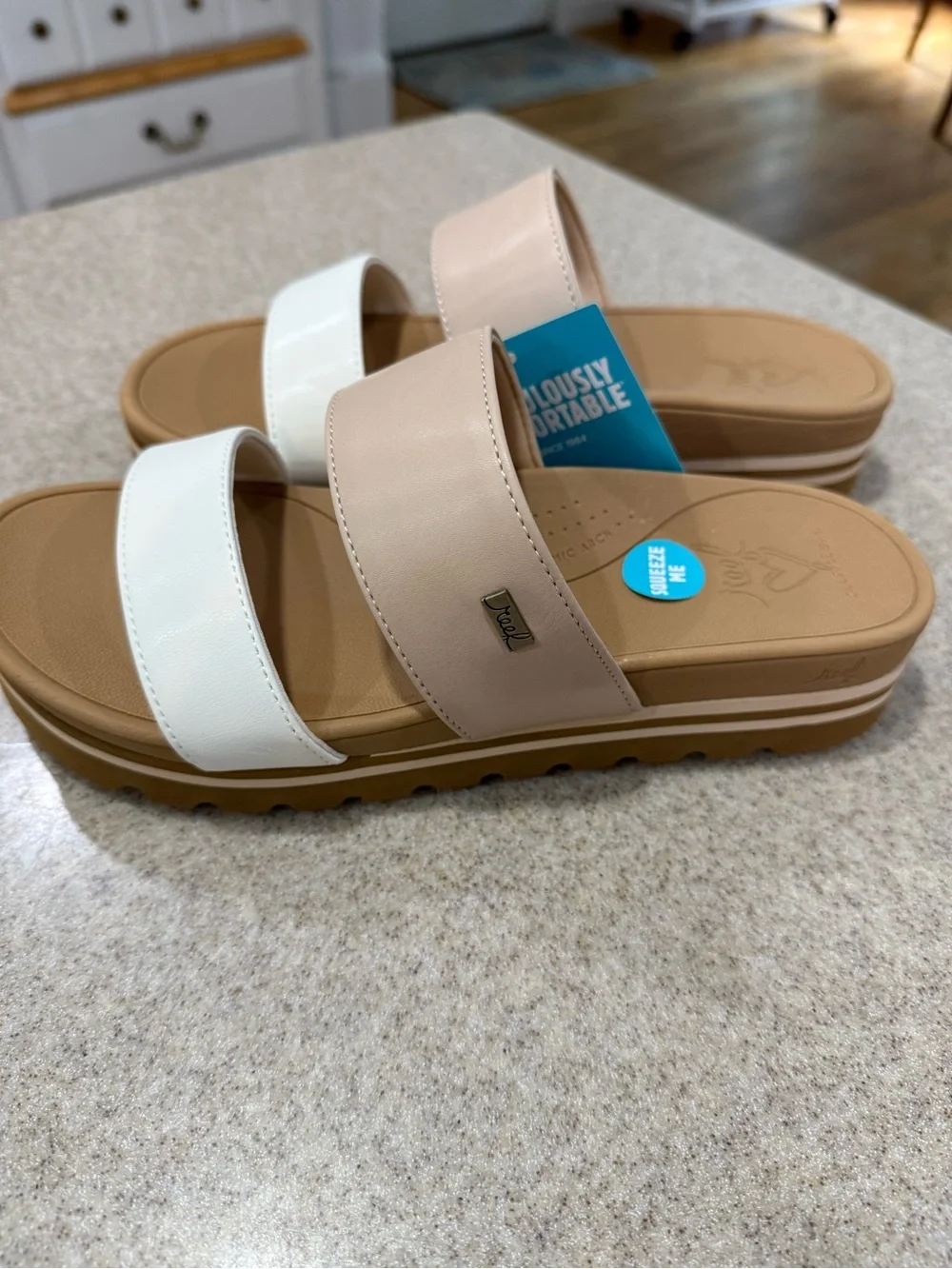 Reef Seaside Platform Slide Sandals in White and Tan